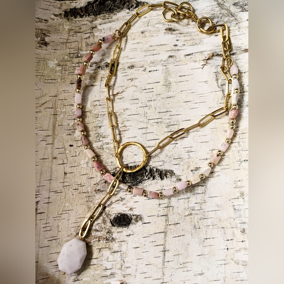 Natural Peruvian Pink Opal Beads & Pendant In Two Strand Paperclip Necklace - Picture 7 of 10